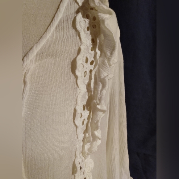 Free People Ivory Lace Peasant Mini Dress Eyelet Crepe Button Ruffle Long Sleeve - Picture 5 of 8